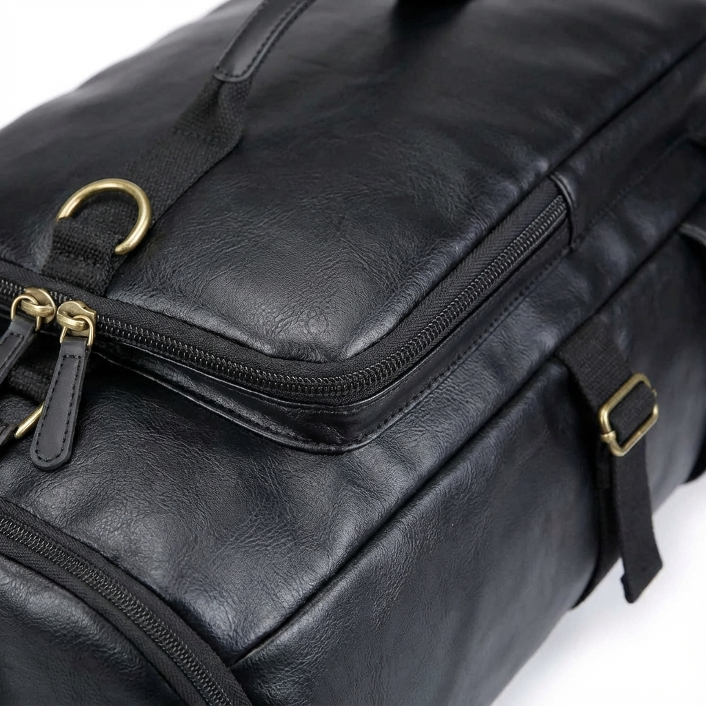 Close-up of a black leather bag with gold hardware on a white background