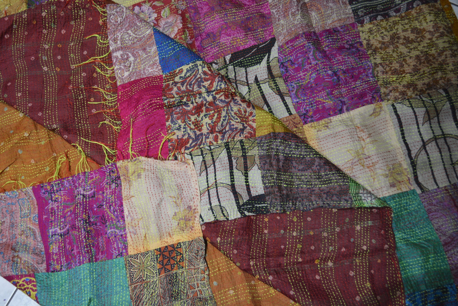 Hand Stitched Kantha  Silk  Vintage throw by OMSutra