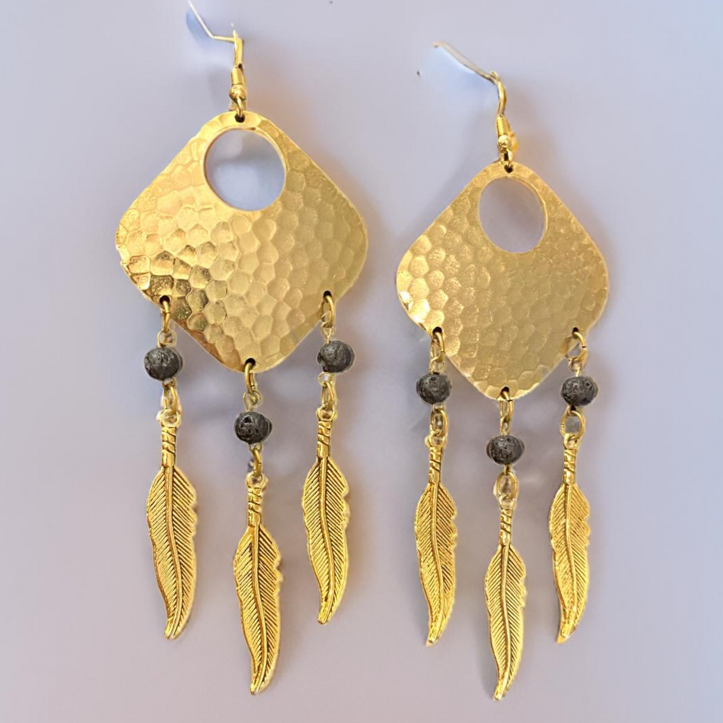 Bohemian Dream Catcher Earrings with Feathers and Black Lava Rocks by The Urban Charm by The Urban Charm