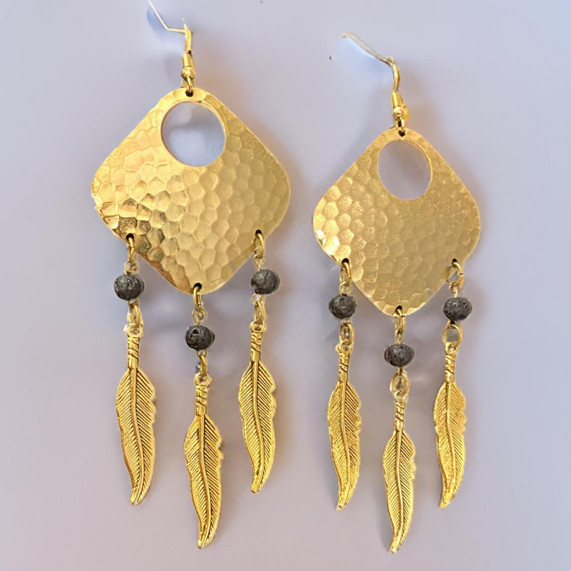 Bohemian Dream Catcher Earrings with Feathers and Black Lava Rocks by The Urban Charm by The Urban Charm
