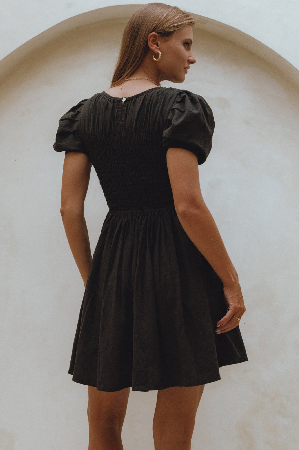 Elodie Smocked Linen Mini Dress by Bali Lane