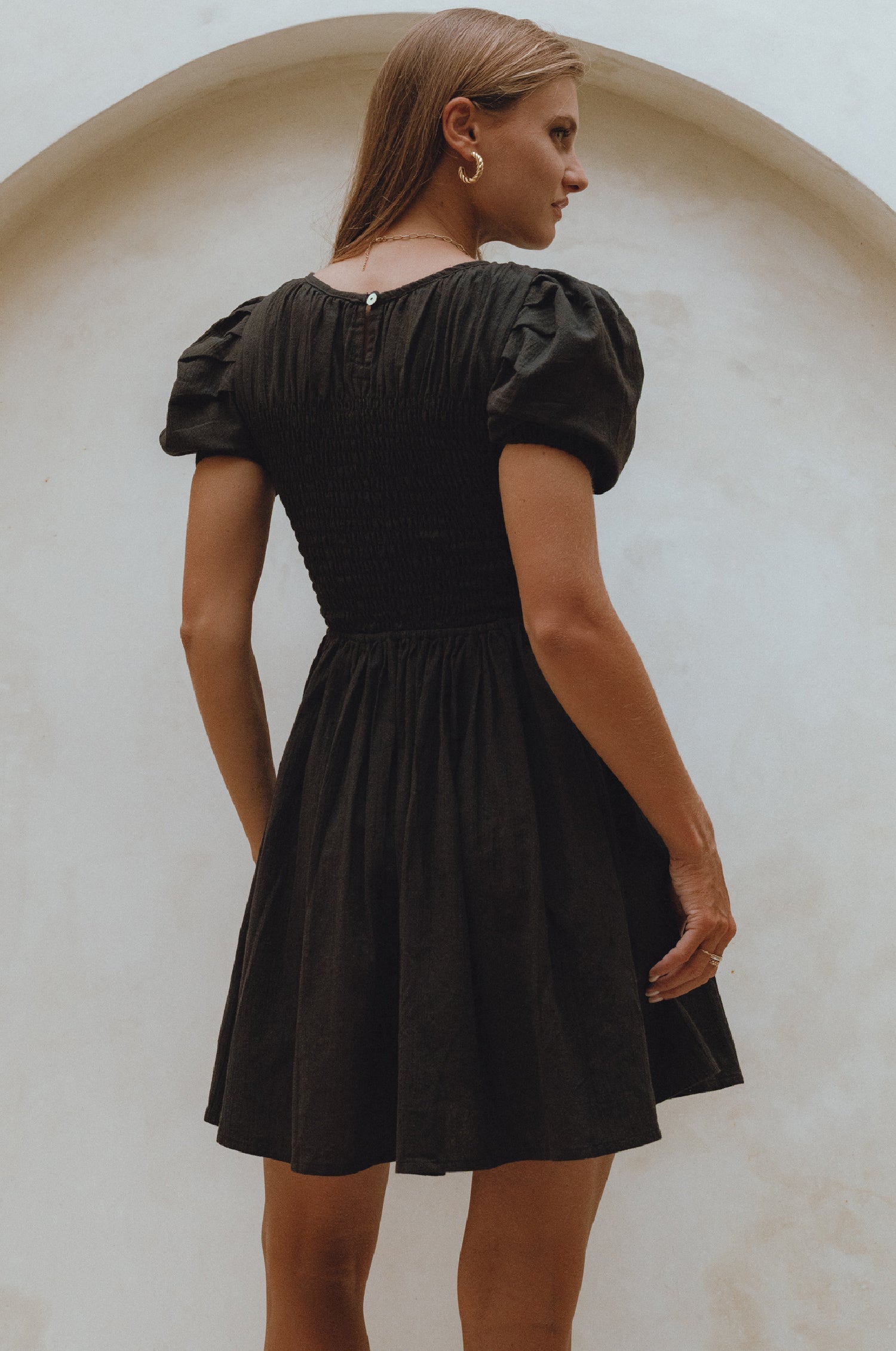 Elodie Smocked Linen Mini Dress by Bali Lane