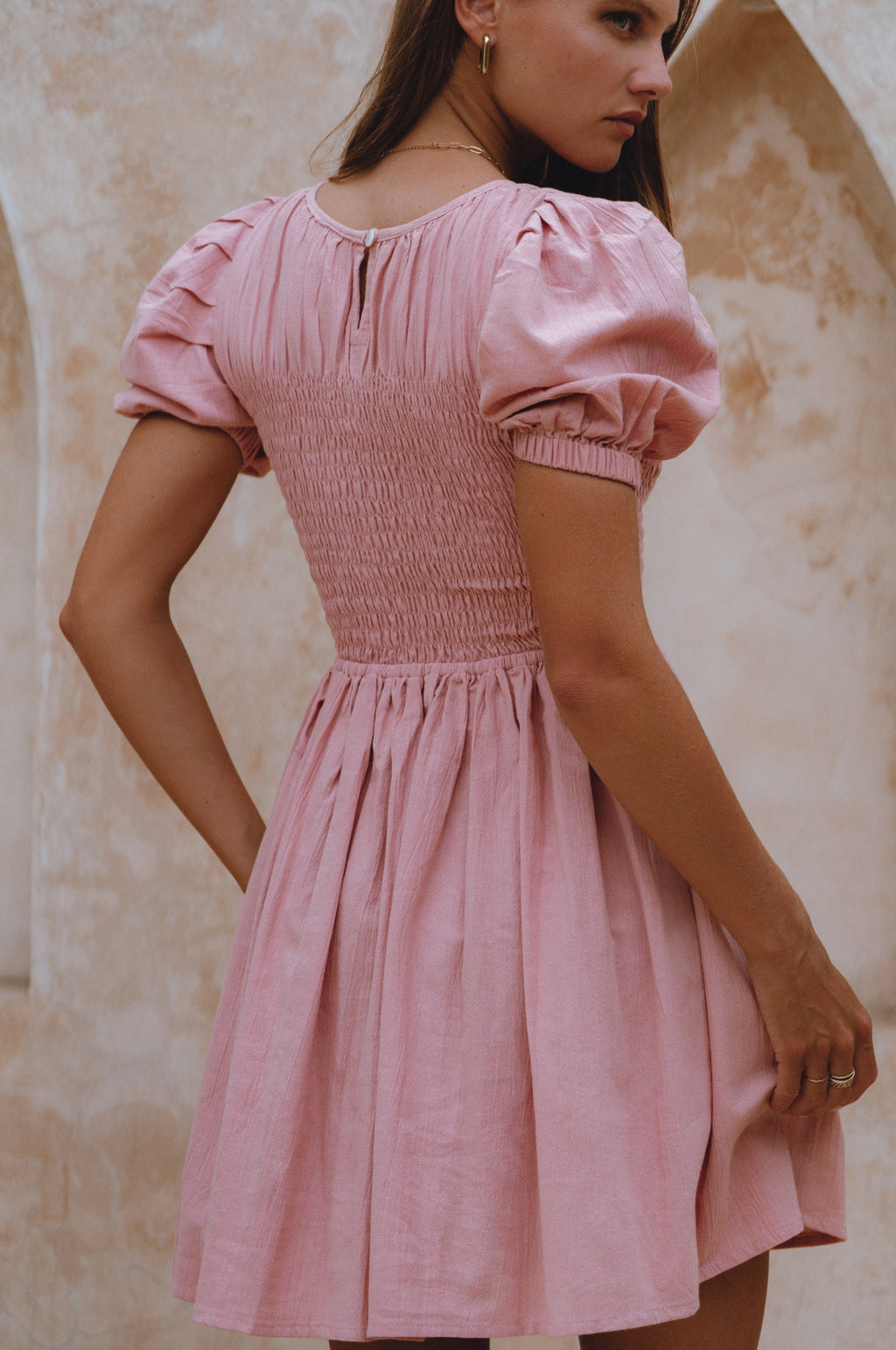 Elodie Smocked Linen Mini Dress by Bali Lane