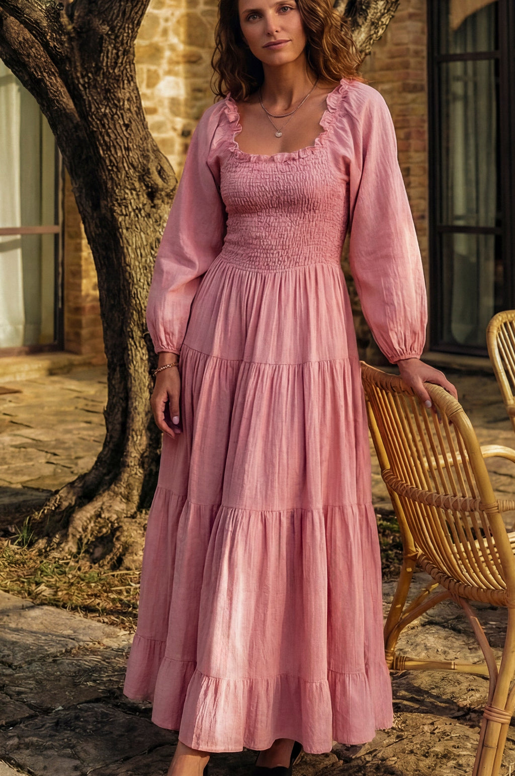 Evangeline Tiered Linen Midi Dress by Bali Lane