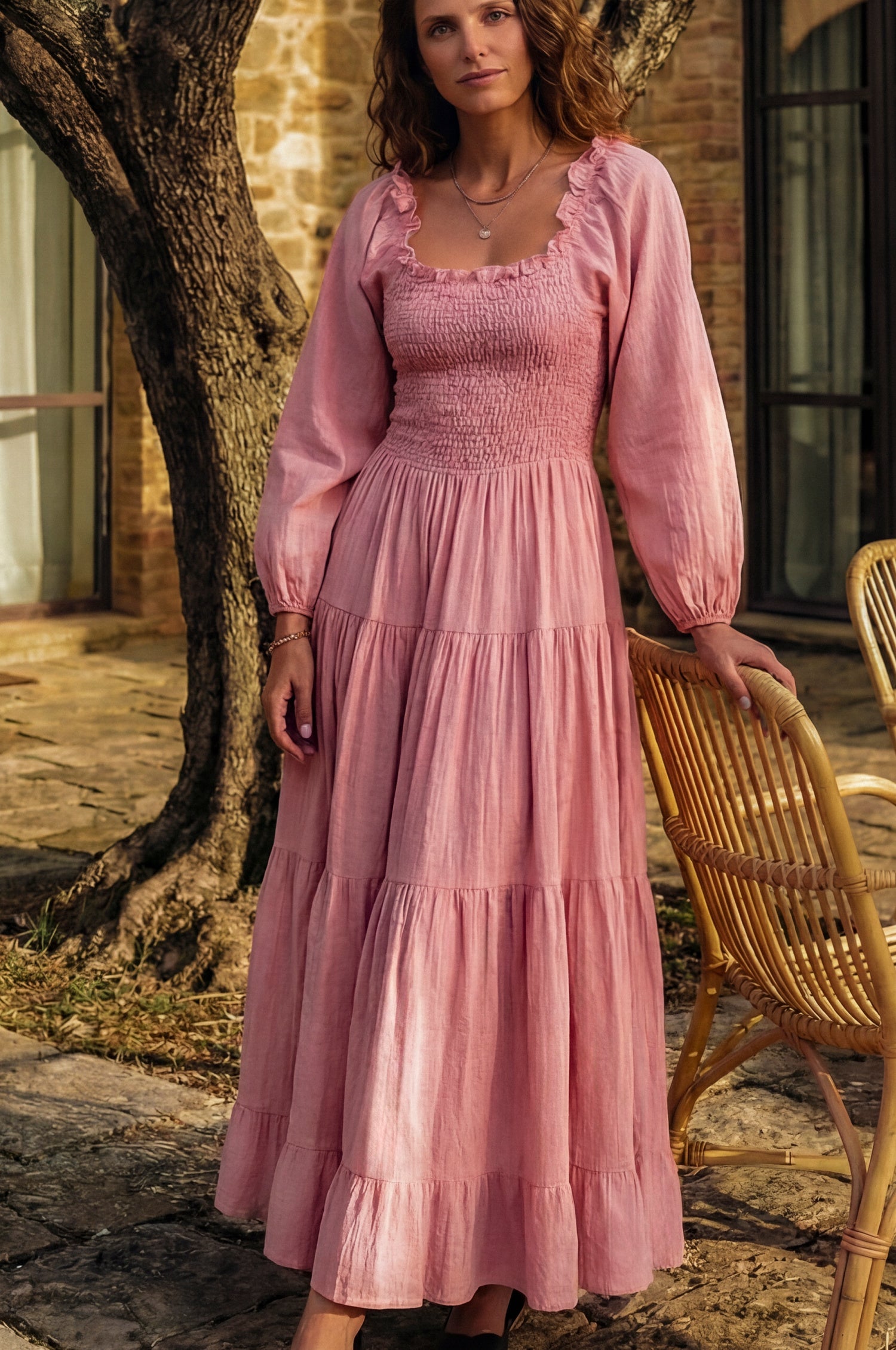 Evangeline Tiered Linen Midi Dress by Bali Lane