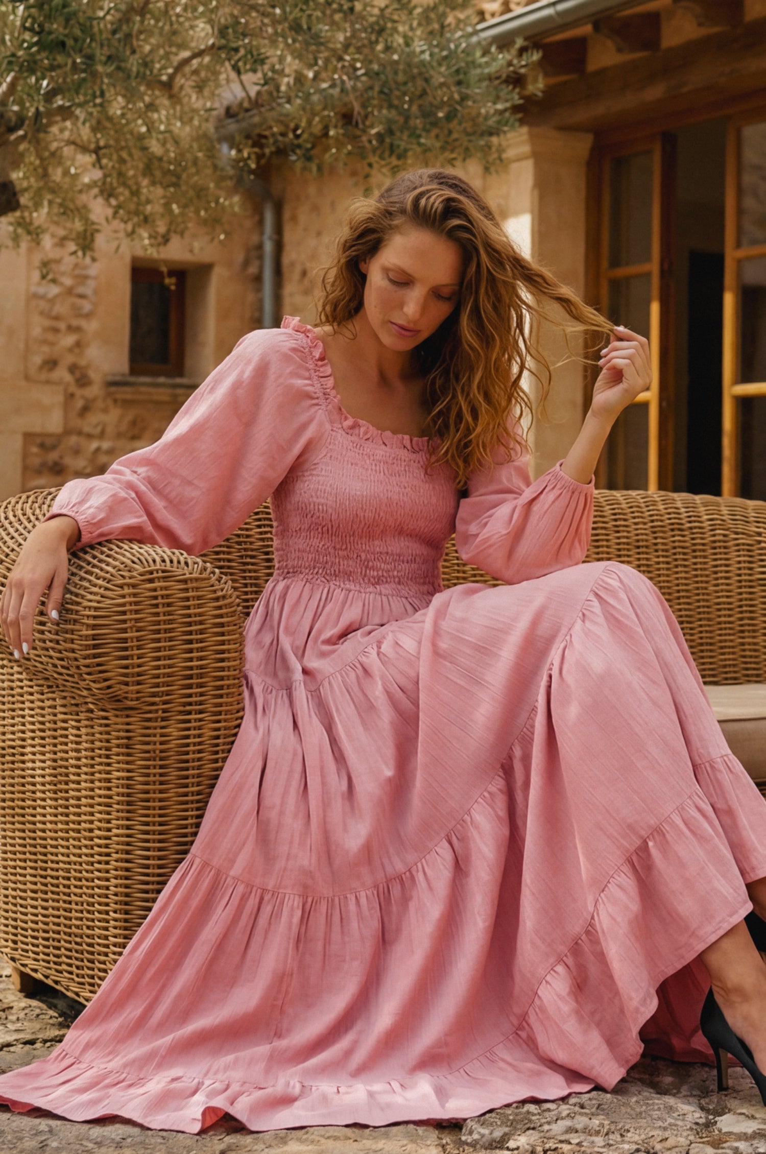 Evangeline Tiered Linen Midi Dress by Bali Lane