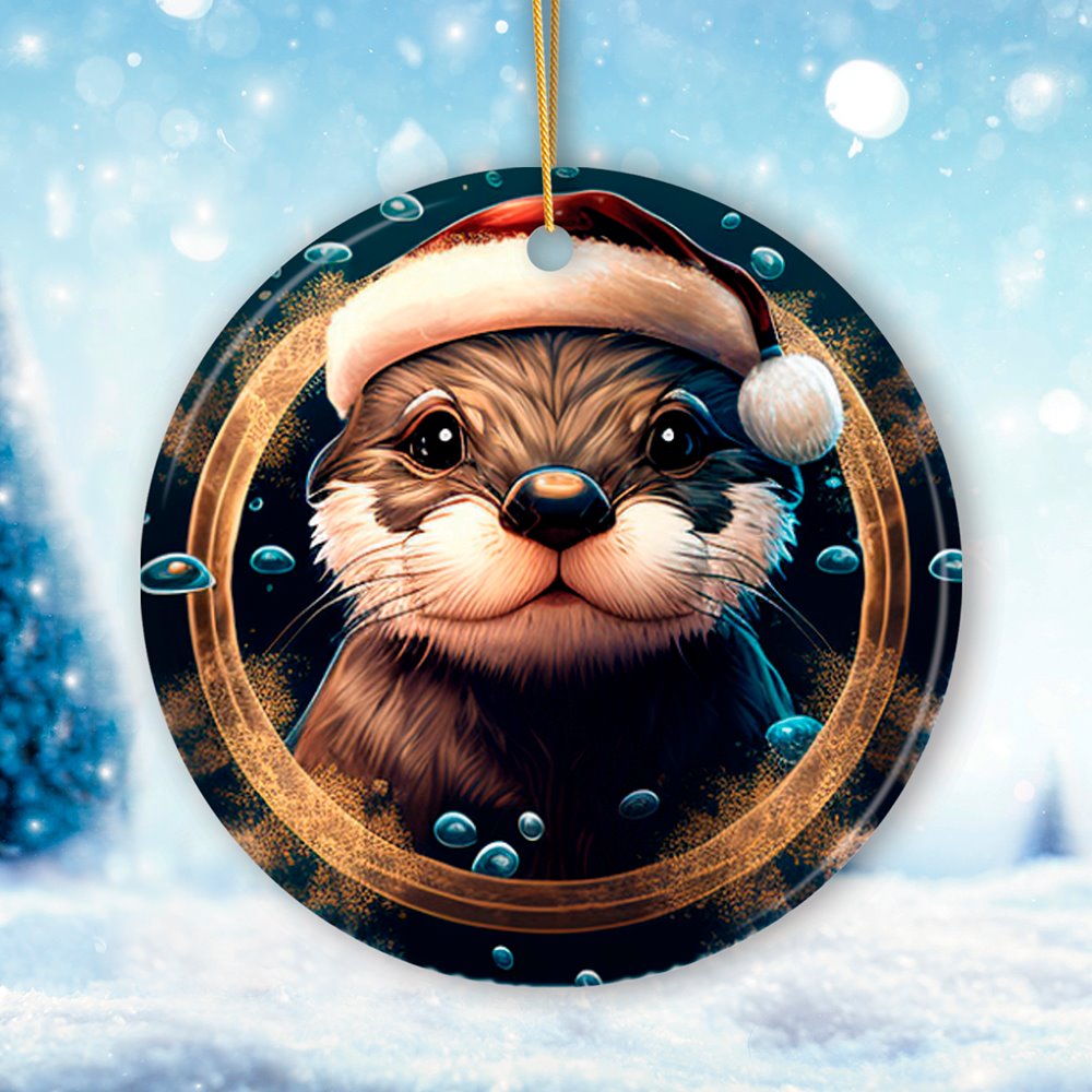 Cute Otter with Santa Hat Coastal Christmas Ornament Ceramic Ornament OrnamentallyYou 