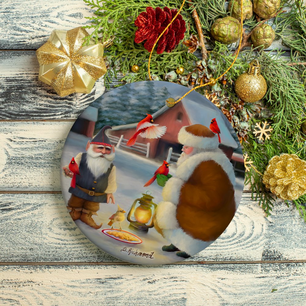 Santa's Cardinals Folksy Christmas Ornament Ceramic Ornament OrnamentallyYou 