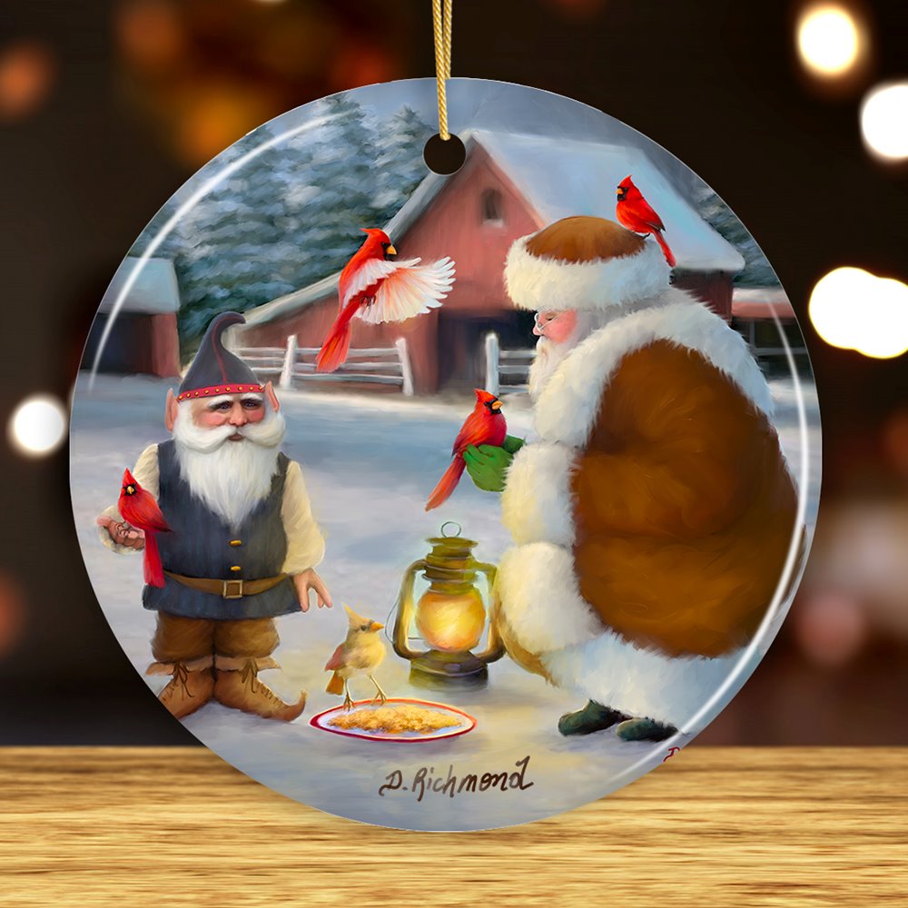 Santa's Cardinals Folksy Christmas Ornament Ceramic Ornament OrnamentallyYou Circle 