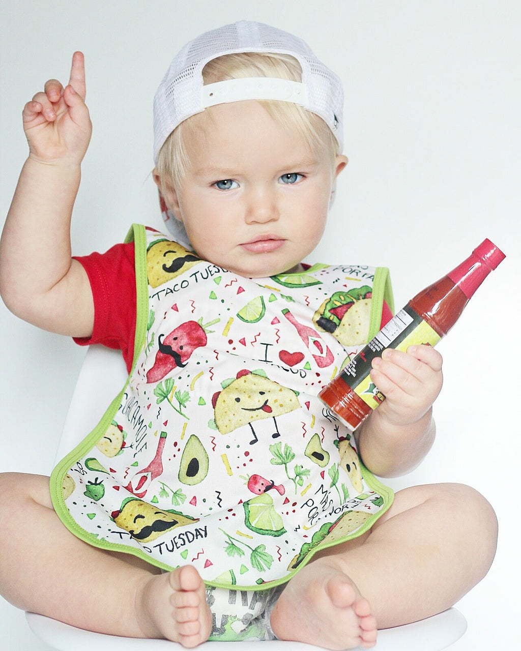 Taco bapron for full coverage mealtime mess protection.