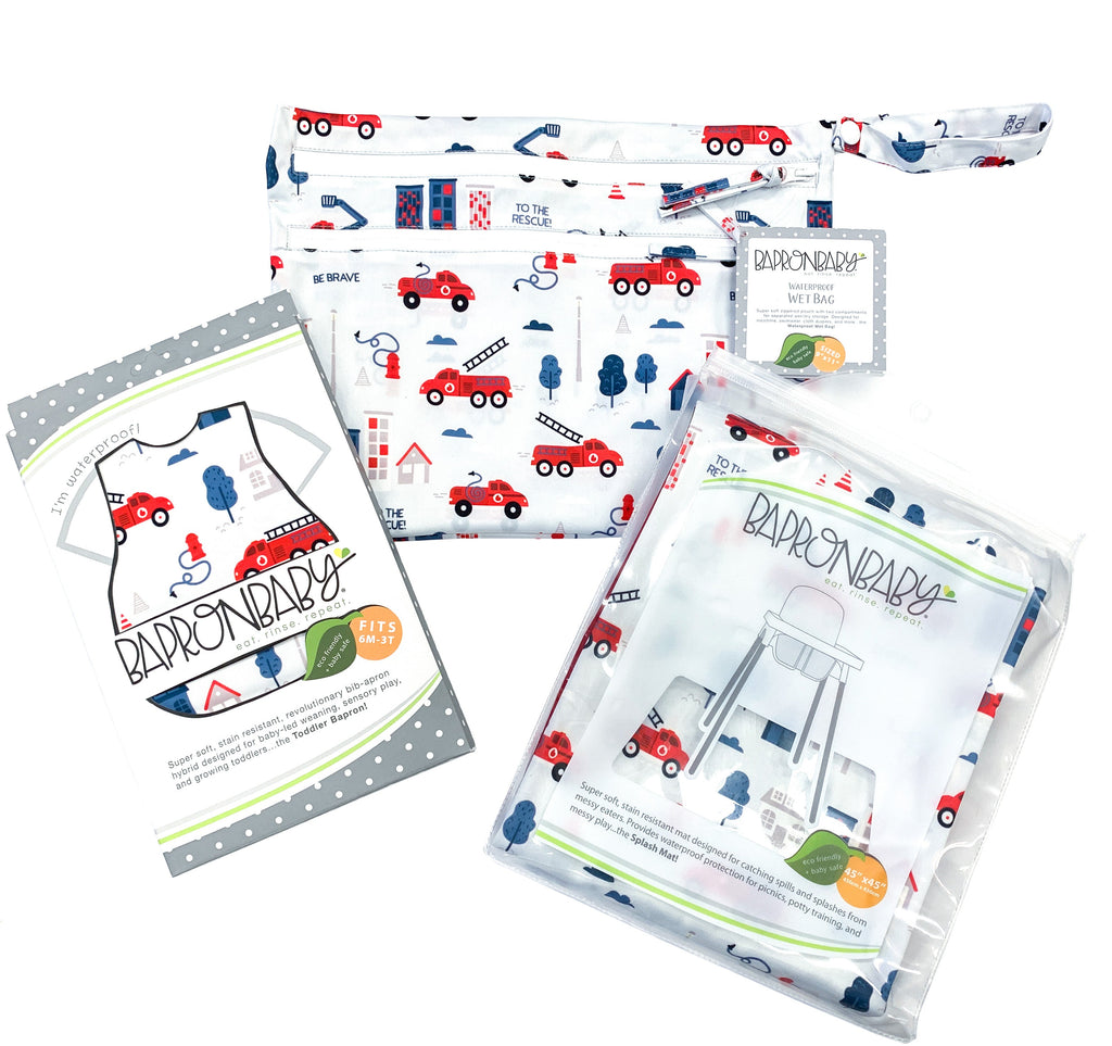 Be Brave - Firefighter Splash Mat - A Waterproof Catch-All for Highchair Spills and More! by BapronBaby