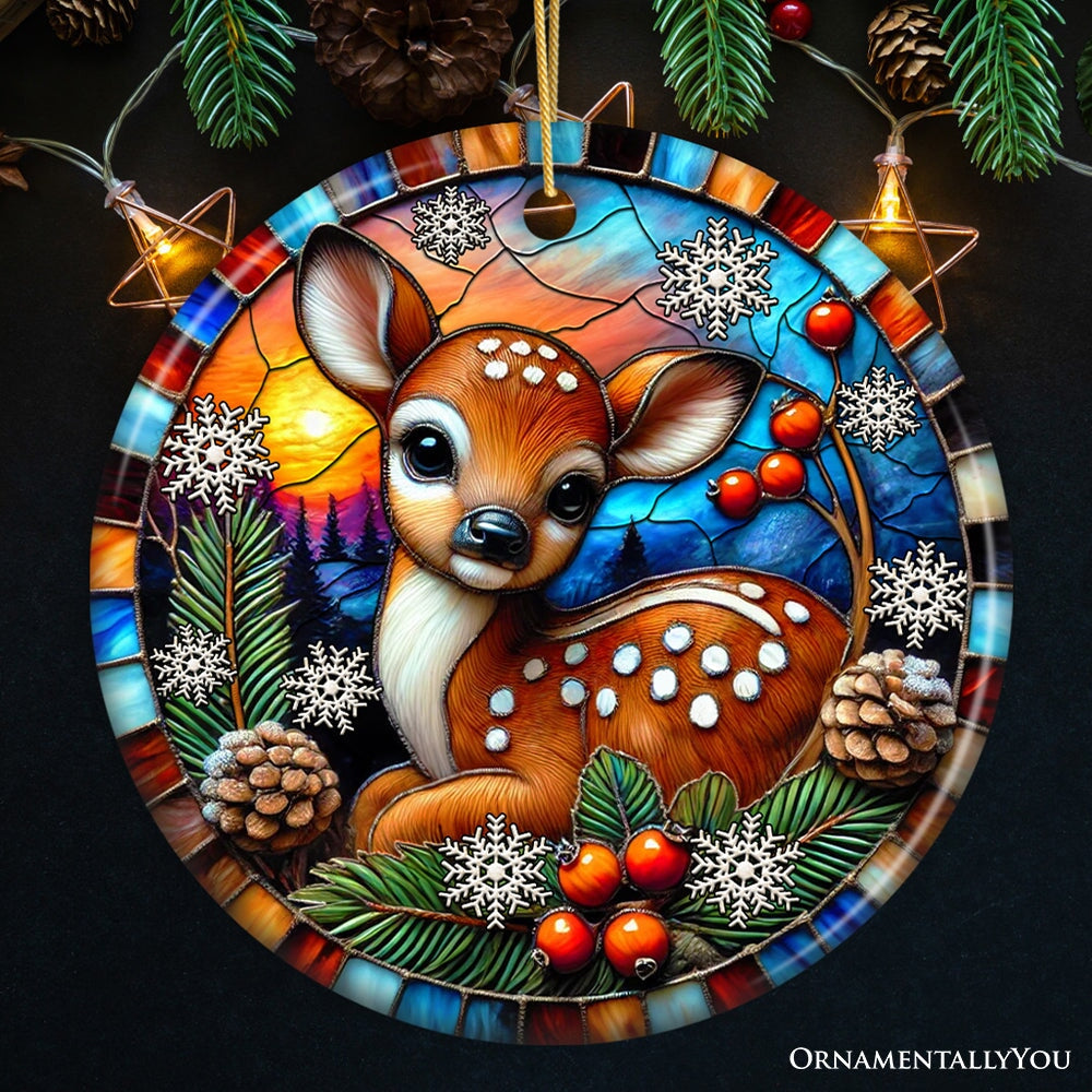 Charming Fawn in Snowy Sunset Ornament, Delightful Woodland Scene for Christmas Decor Ceramic Ornament OrnamentallyYou Circle 