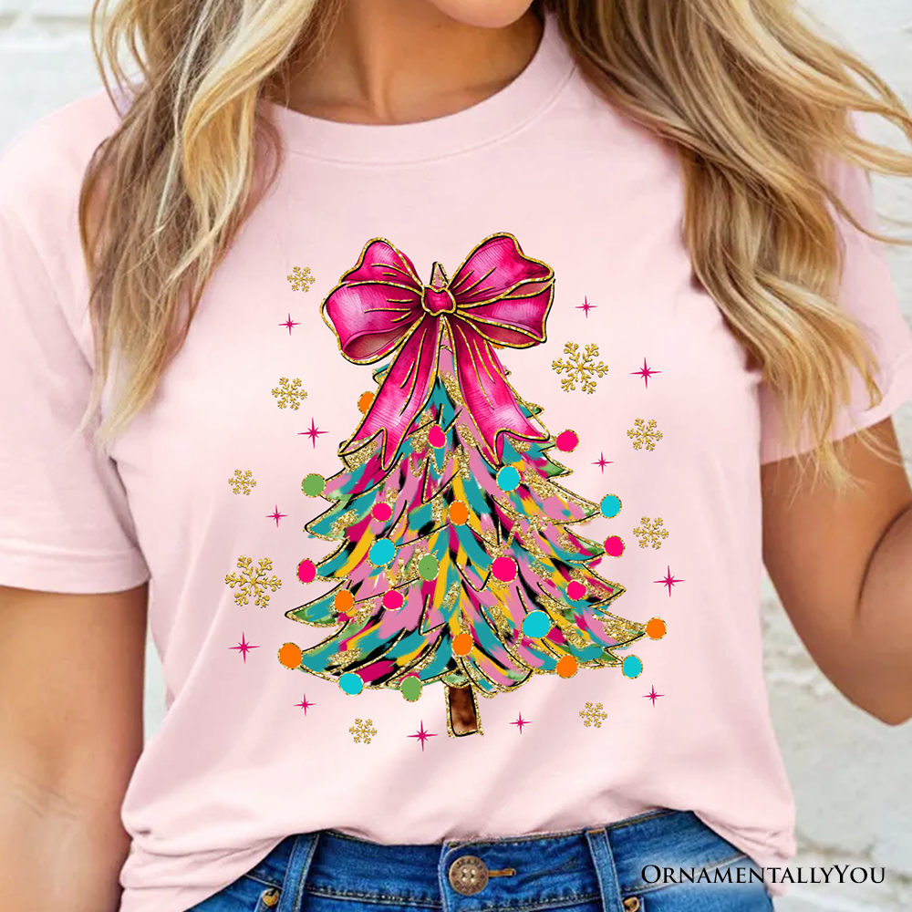 Colorful Glitter Christmas Tree Pink Bow T-Shirt, Pink Bow Coquette Holiday Tee by OrnamentallyYou
