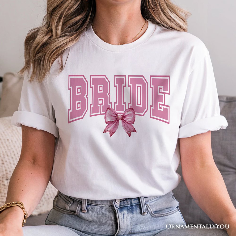 Coquette Bride T-Shirt, Pink Bow White Tee for Stylish Brides T-Shirts OrnamentallyYou 