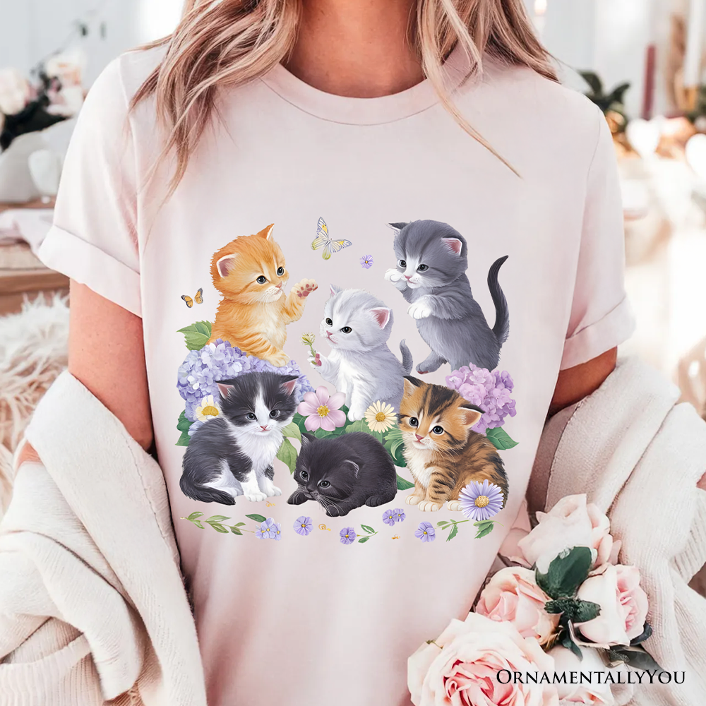 Cute Baby Cats Wildflower T-Shirt, Cottagecore Botanical Cat Tee by OrnamentallyYou
