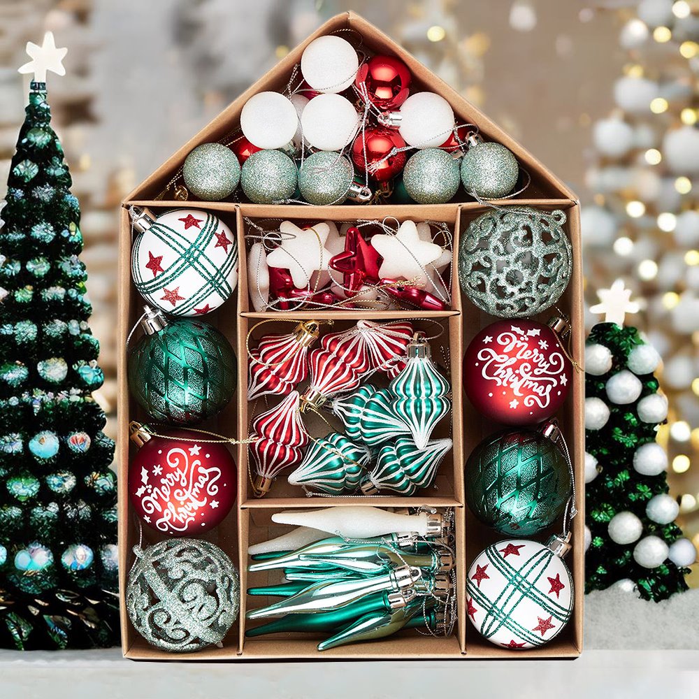 Elegantly Distinct Set of Christmas Ornaments Magenta, Green, White and Red Baubles, Icicles and Stars Ornament Bundle OrnamentallyYou 