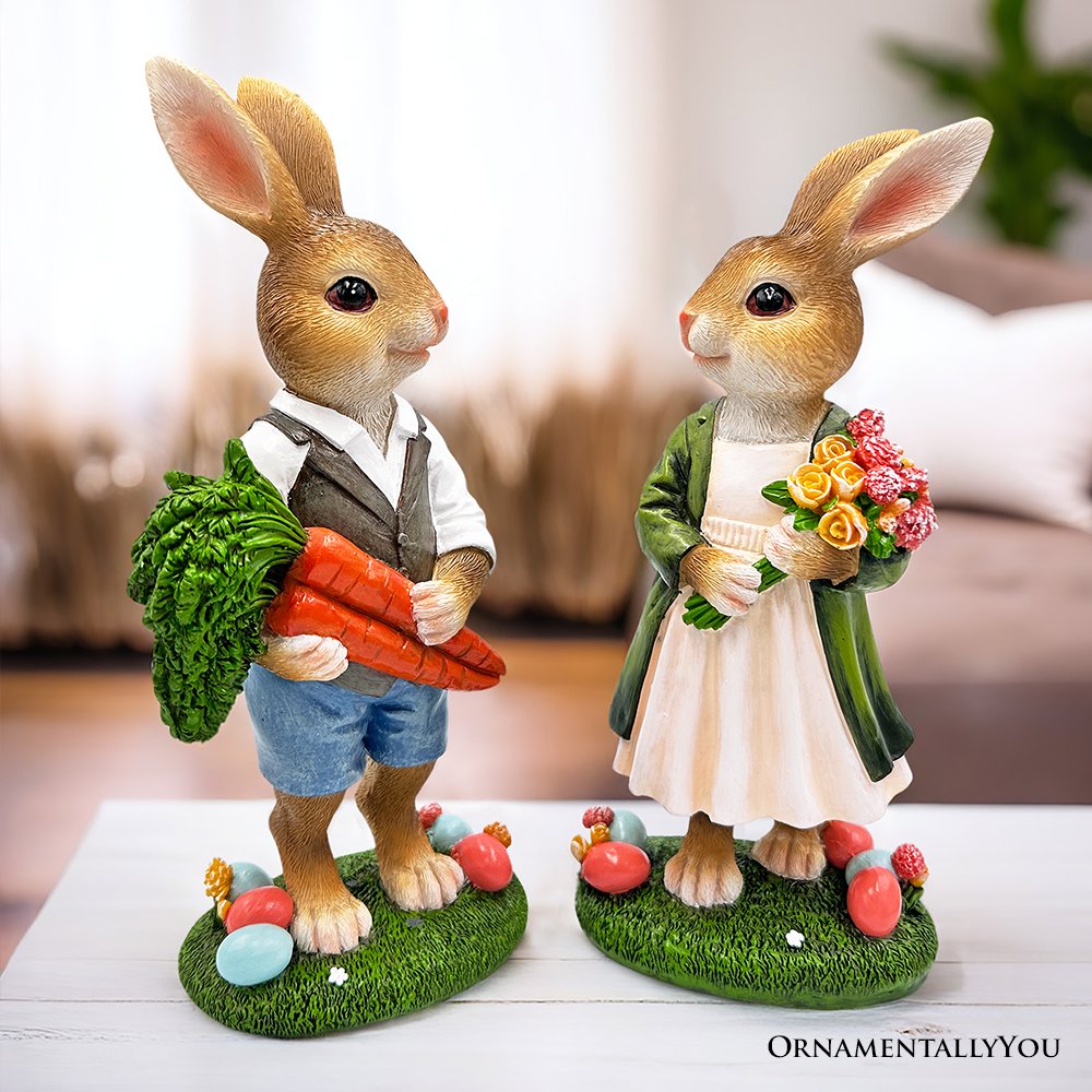 Harvest and Bloom Country Bunny Pair Figurine, 8" Rabbit Garden Statue Set Resin Statues OrnamentallyYou 