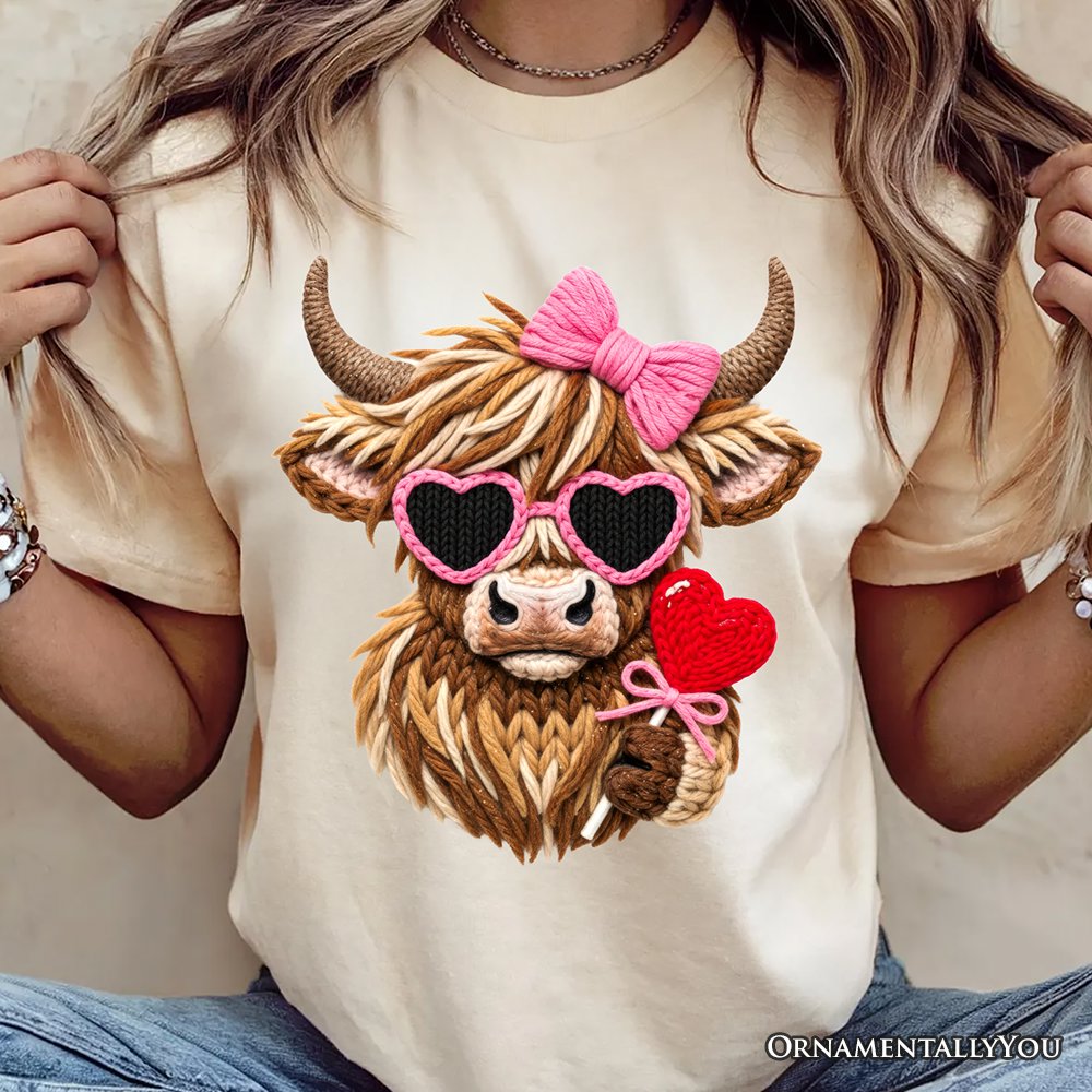 Highland Cow Faux-Yarn Valentine T-Shirt, Cute Knit Coquette Tee T-Shirts OrnamentallyYou 