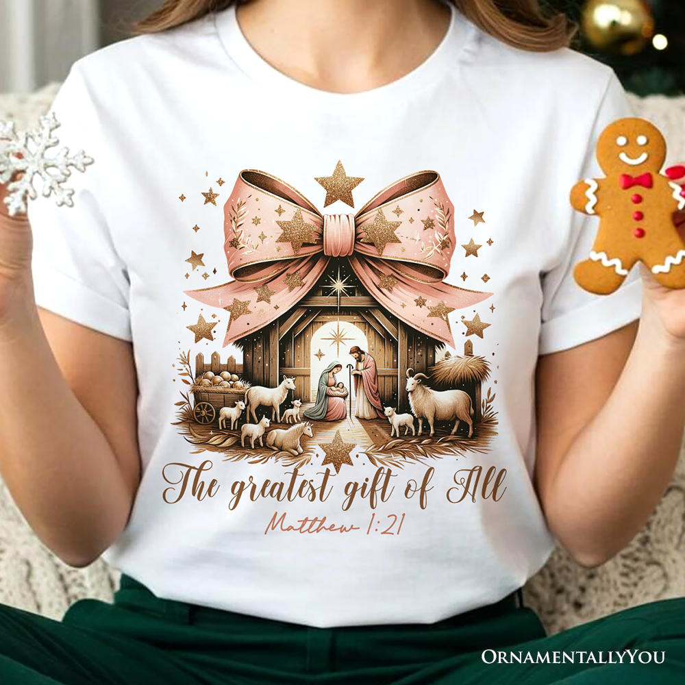 Holy Night Nativity Scene Jesus T-Shirt, The Greatest Gift of All Matthew 1:21 Christian Christmas Tee by OrnamentallyYou