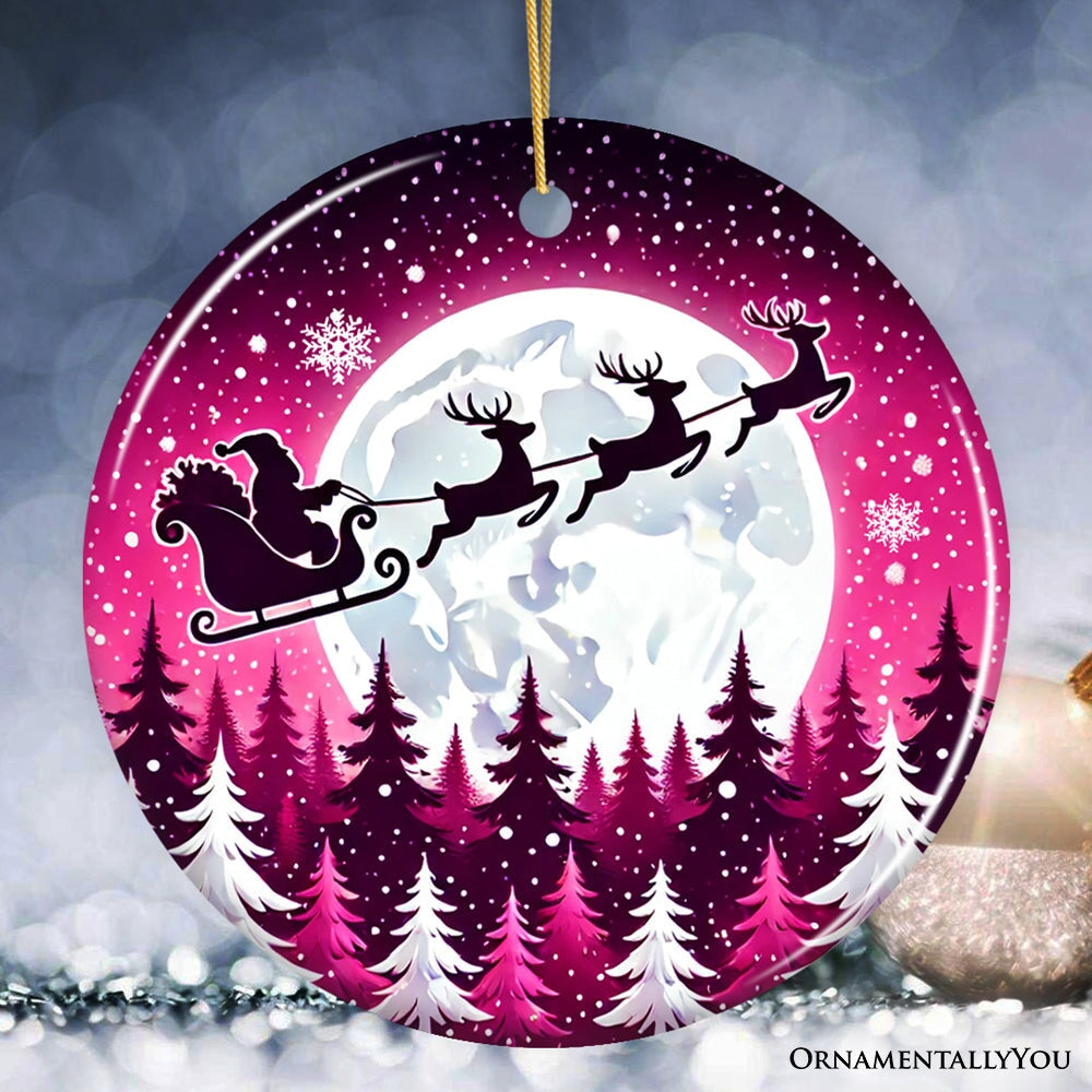 Moonlit Santa Silhouette Pink Themed Ornament, Enchanted Night Sky for Holiday Decor Ceramic Ornament OrnamentallyYou Circle 