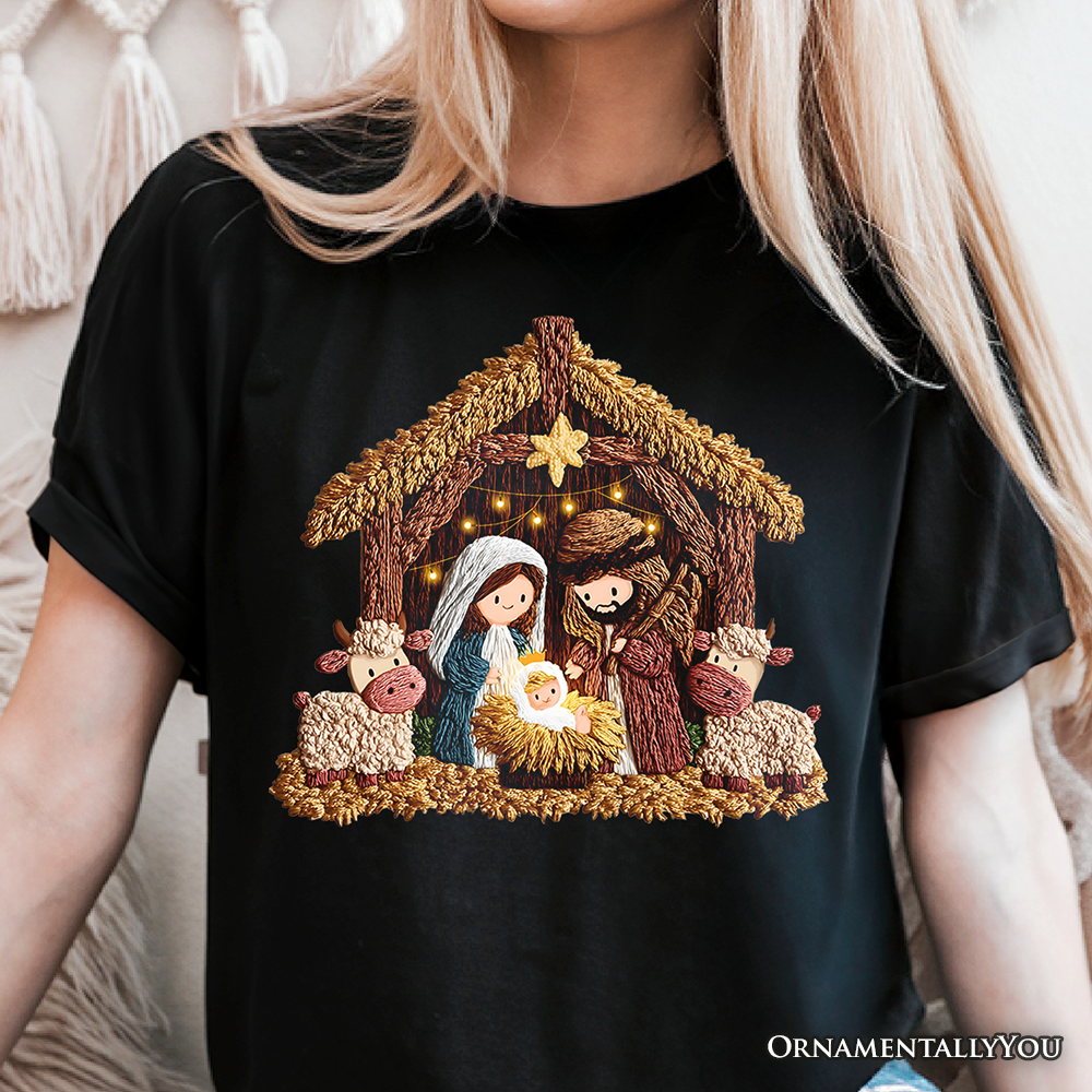 Nativity Holy Family Jesus Christmas T-Shirt, Imitation Latch Hook Yarn Cozy Christian Tee by OrnamentallyYou