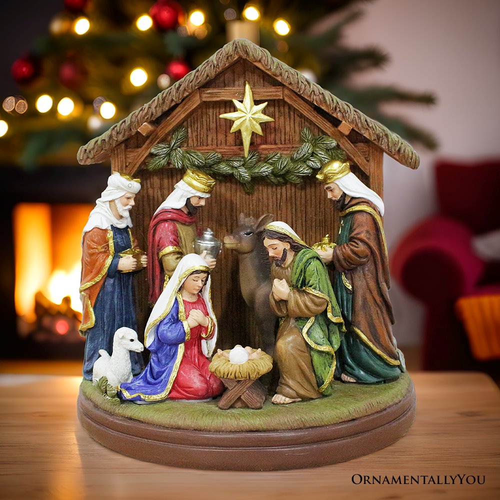 (Pre-Order) Radiant Nativity Scene Handcrafted Statue Figurine, 7" Birth of Jesus Christian Home Decoration Resin Statues OrnamentallyYou 