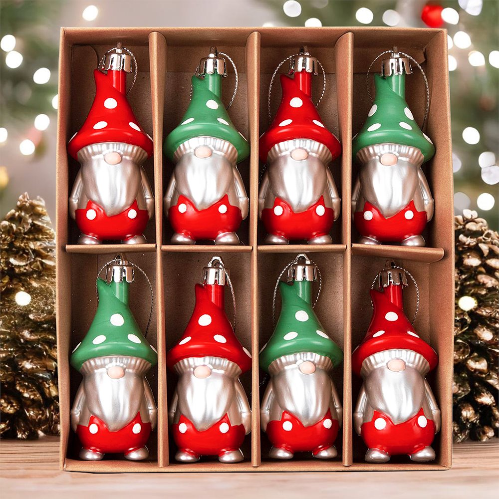 Red and Green Polka Dot Christmas Folksy Gnome Ornament Set, 8 Shatterproof Tree Gnomies Ornament Bundle OrnamentallyYou 