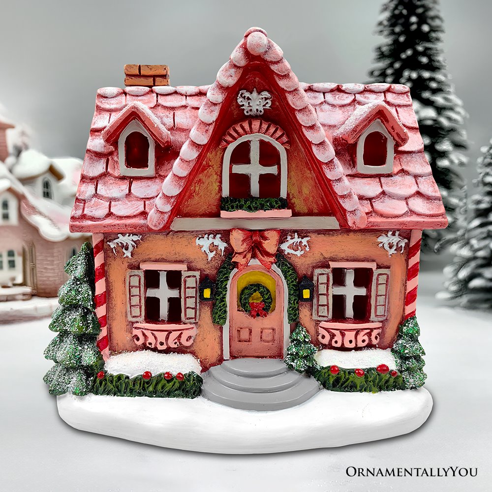 (Pre-Order) Sparkling Pink Winter Magic LED Gingerbread Home Figurine, 7" Lighted Christmas Decoration Decor Resin Statues OrnamentallyYou 