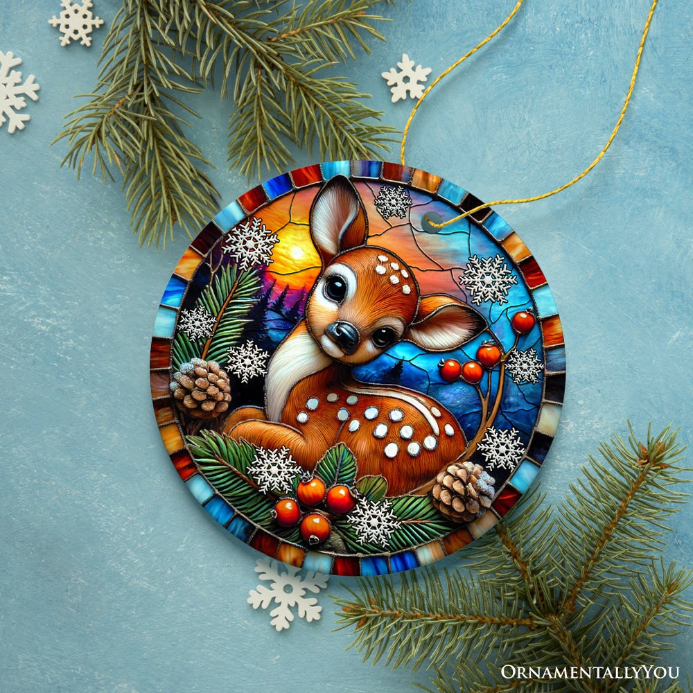 Charming Fawn in Snowy Sunset Ornament, Delightful Woodland Scene for Christmas Decor Ceramic Ornament OrnamentallyYou 