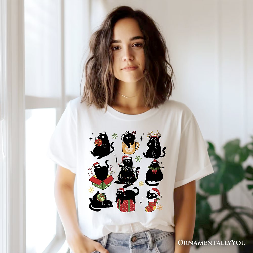 Christmas Black Cats T‑Shirt, Whimsical Cats with Santa Hat Tee T-Shirts OrnamentallyYou 