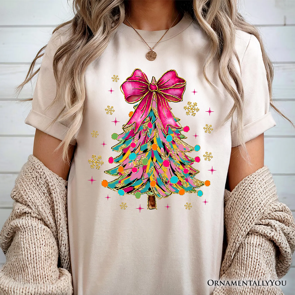 Colorful Glitter Christmas Tree Pink Bow T-Shirt, Pink Bow Coquette Holiday Tee by OrnamentallyYou