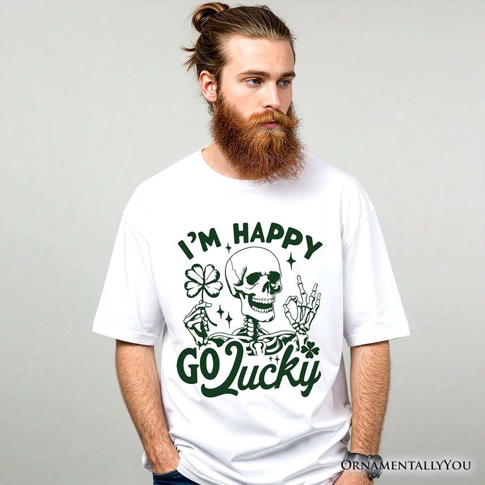 Happy Go Lucky Clover Skeleton St Patrick’s Day T-Shirt, Green Shamrock Vintage Tee T-Shirts OrnamentallyYou 