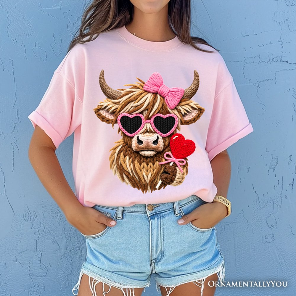 Highland Cow Faux-Yarn Valentine T-Shirt, Cute Knit Coquette Tee T-Shirts OrnamentallyYou 