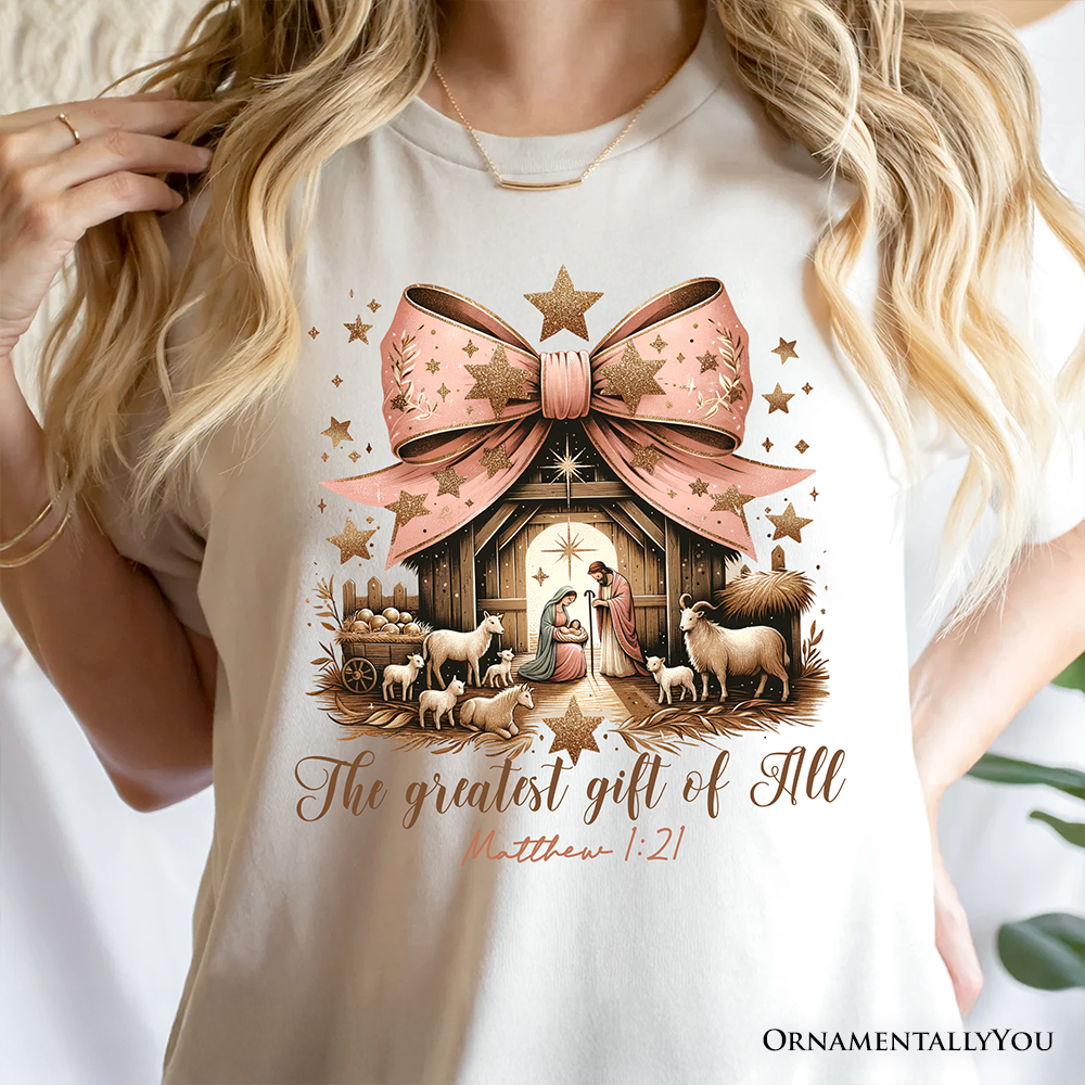 Holy Night Nativity Scene Jesus T-Shirt, The Greatest Gift of All Matthew 1:21 Christian Christmas Tee by OrnamentallyYou