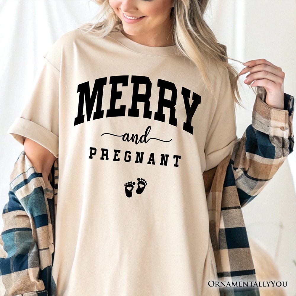Merry and Pregnant T‑Shirt, Baby Announcement Christmas Tee for New Mom T-Shirts OrnamentallyYou 