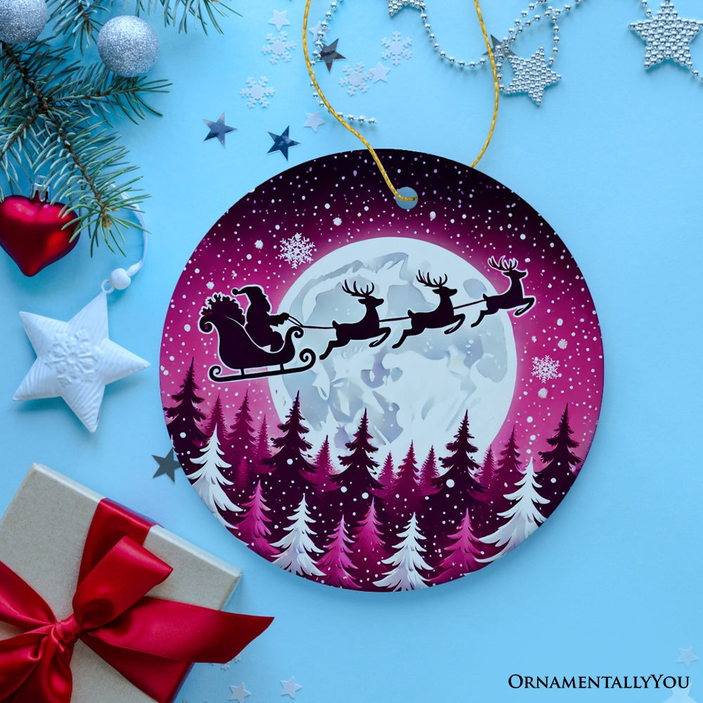 Moonlit Santa Silhouette Pink Themed Ornament, Enchanted Night Sky for Holiday Decor Ceramic Ornament OrnamentallyYou 