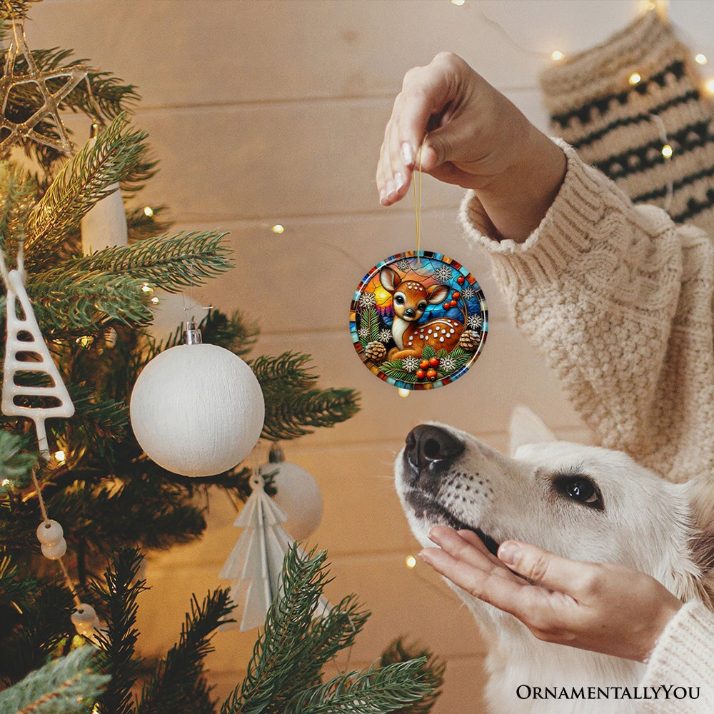 Charming Fawn in Snowy Sunset Ornament, Delightful Woodland Scene for Christmas Decor Ceramic Ornament OrnamentallyYou 