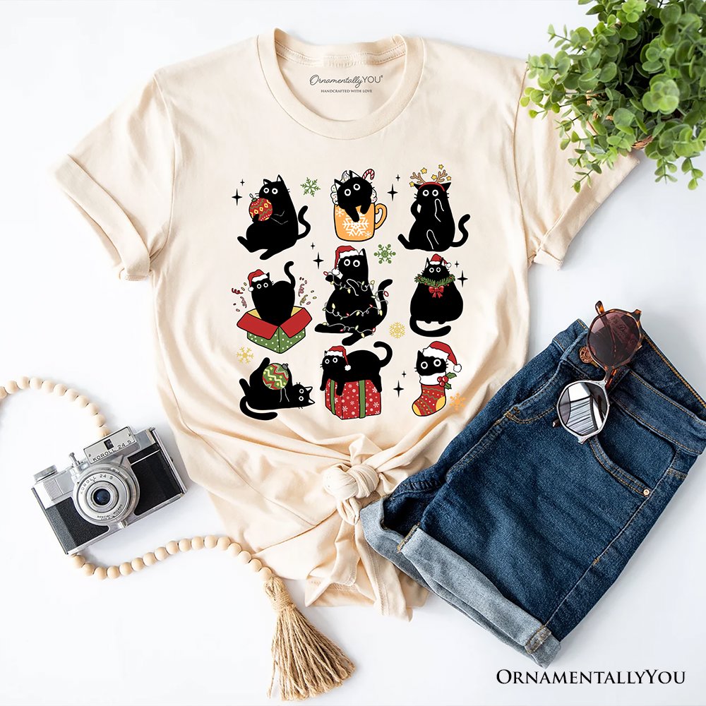 Christmas Black Cats T‑Shirt, Whimsical Cats with Santa Hat Tee T-Shirts OrnamentallyYou Natural XS 