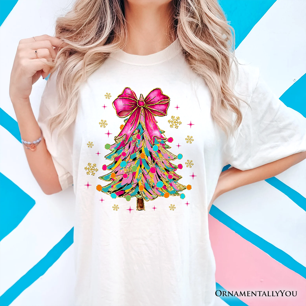 Colorful Glitter Christmas Tree Pink Bow T-Shirt, Pink Bow Coquette Holiday Tee by OrnamentallyYou