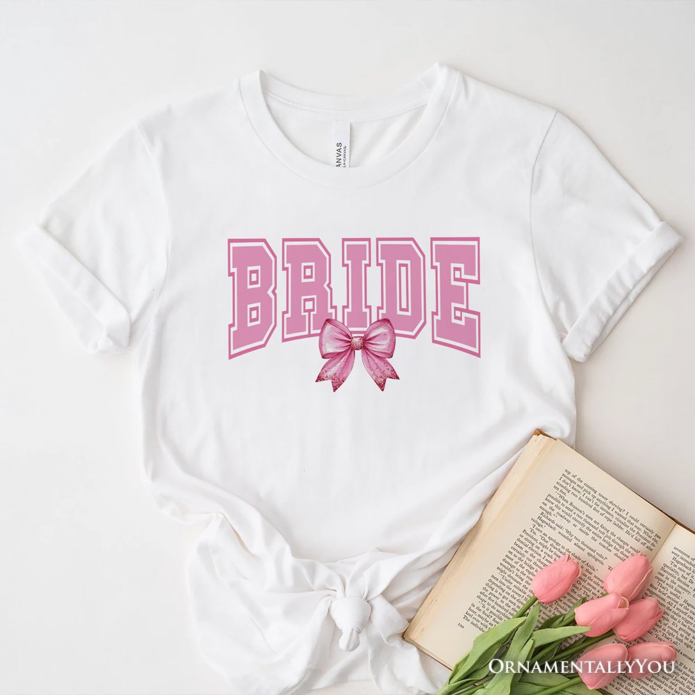Coquette Bride T-Shirt, Pink Bow White Tee for Stylish Brides T-Shirts OrnamentallyYou White XS 