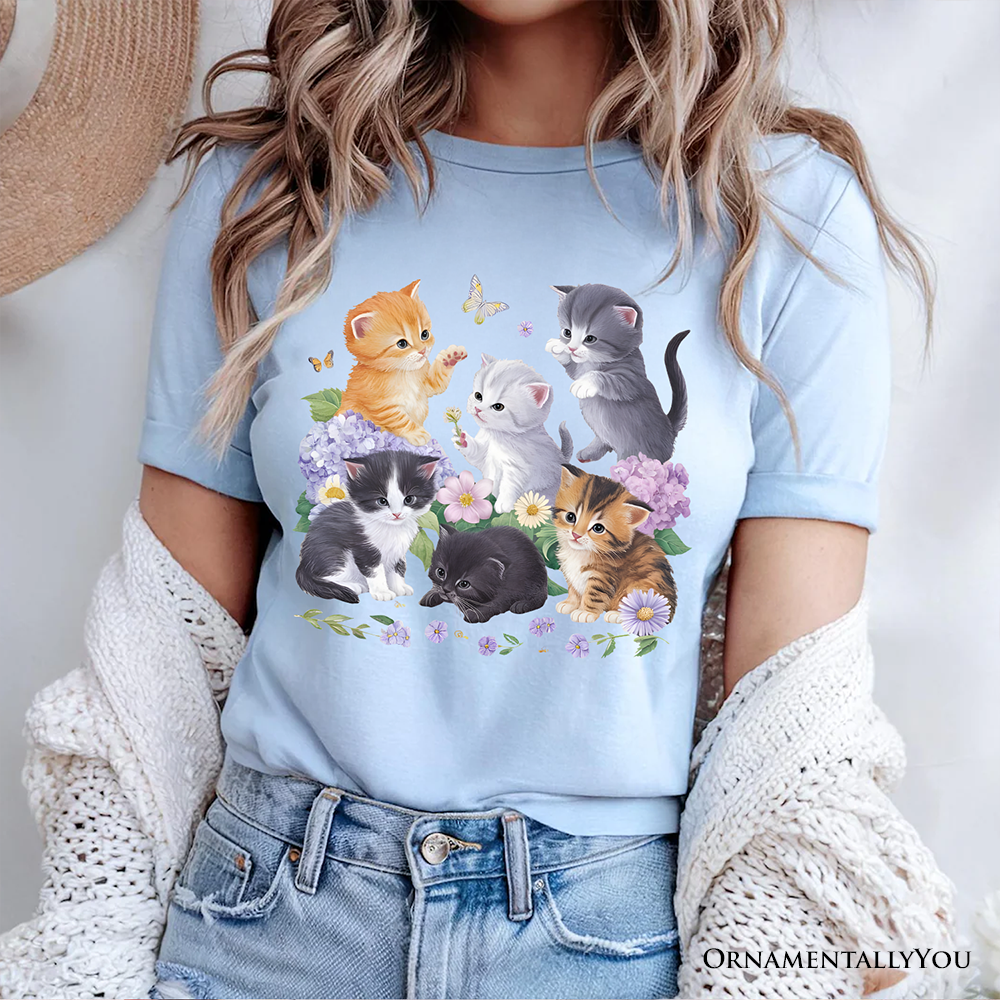 Cute Baby Cats Wildflower T-Shirt, Cottagecore Botanical Cat Tee by OrnamentallyYou