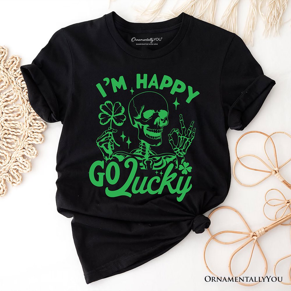 Happy Go Lucky Clover Skeleton St Patrick’s Day T-Shirt, Green Shamrock Vintage Tee T-Shirts OrnamentallyYou Black XS 