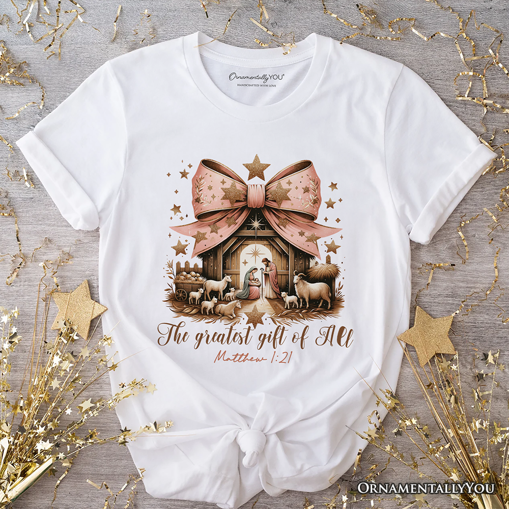 Holy Night Nativity Scene Jesus T-Shirt, The Greatest Gift of All Matthew 1:21 Christian Christmas Tee by OrnamentallyYou