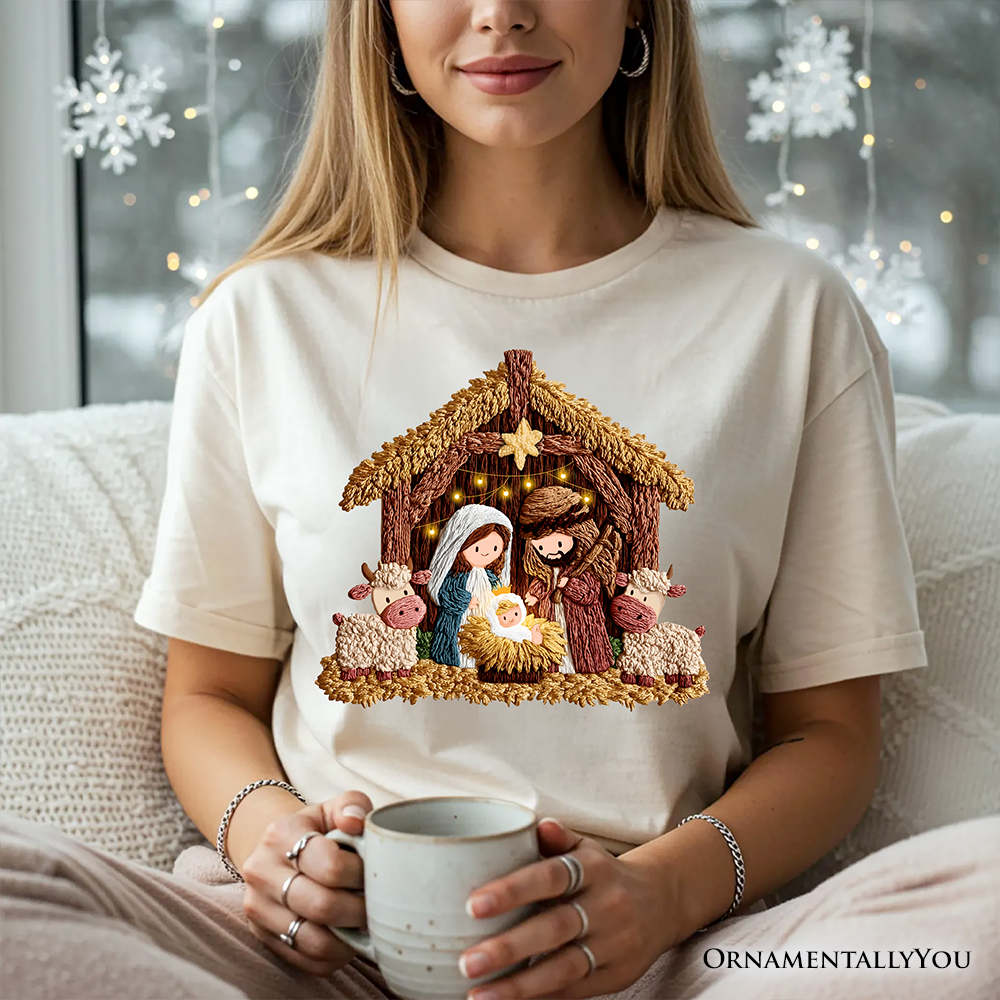 Nativity Holy Family Jesus Christmas T-Shirt, Imitation Latch Hook Yarn Cozy Christian Tee by OrnamentallyYou