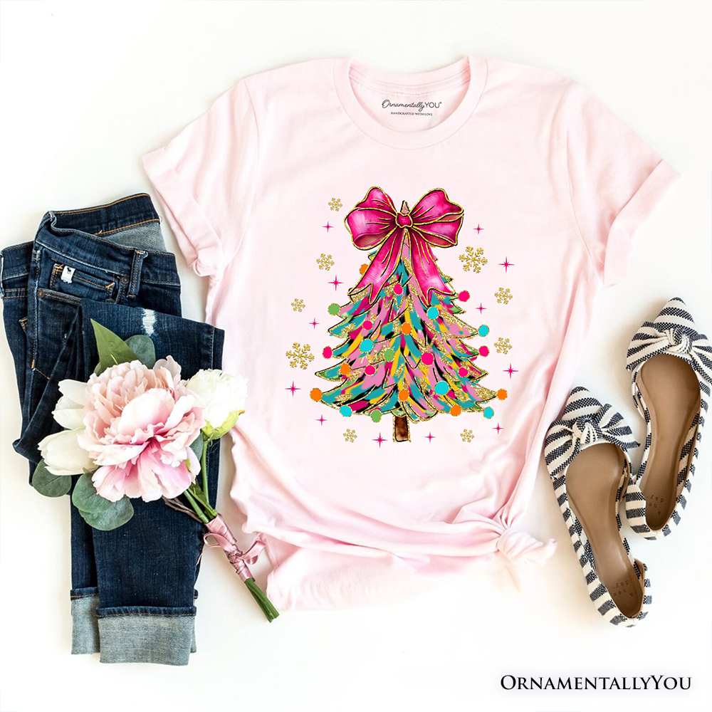 Colorful Glitter Christmas Tree Pink Bow T-Shirt, Pink Bow Coquette Holiday Tee by OrnamentallyYou