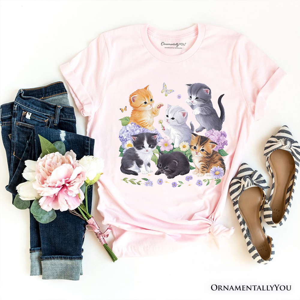 Cute Baby Cats Wildflower T-Shirt, Cottagecore Botanical Cat Tee by OrnamentallyYou