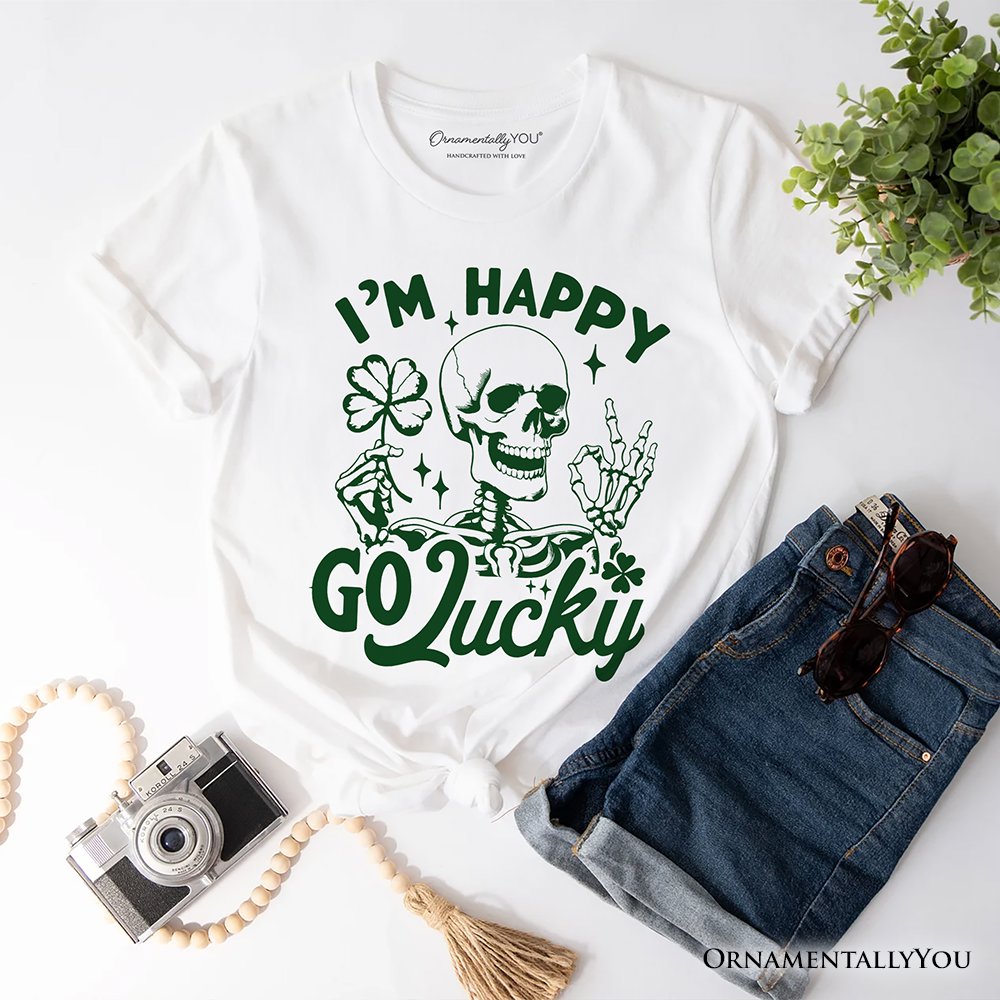 Happy Go Lucky Clover Skeleton St Patrick’s Day T-Shirt, Green Shamrock Vintage Tee T-Shirts OrnamentallyYou White XS 