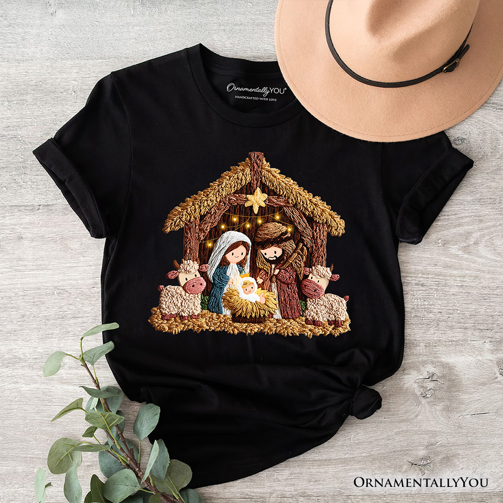 Nativity Holy Family Jesus Christmas T-Shirt, Imitation Latch Hook Yarn Cozy Christian Tee by OrnamentallyYou