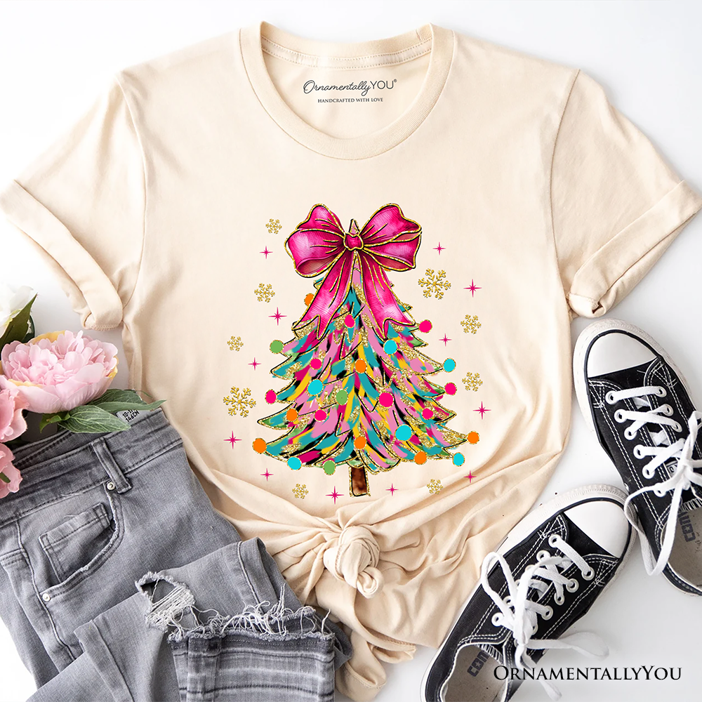 Colorful Glitter Christmas Tree Pink Bow T-Shirt, Pink Bow Coquette Holiday Tee by OrnamentallyYou