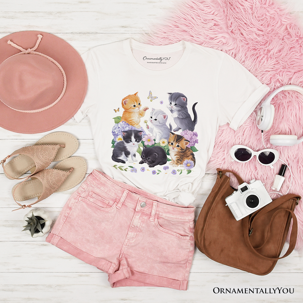 Cute Baby Cats Wildflower T-Shirt, Cottagecore Botanical Cat Tee by OrnamentallyYou